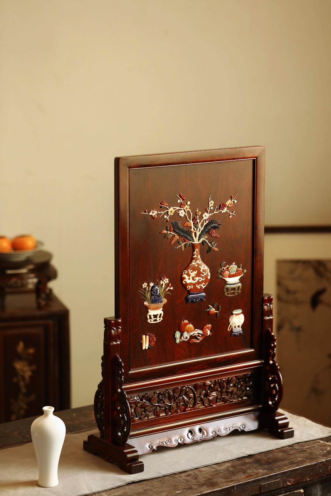 紫檀x百宝嵌【博古图】插屏
