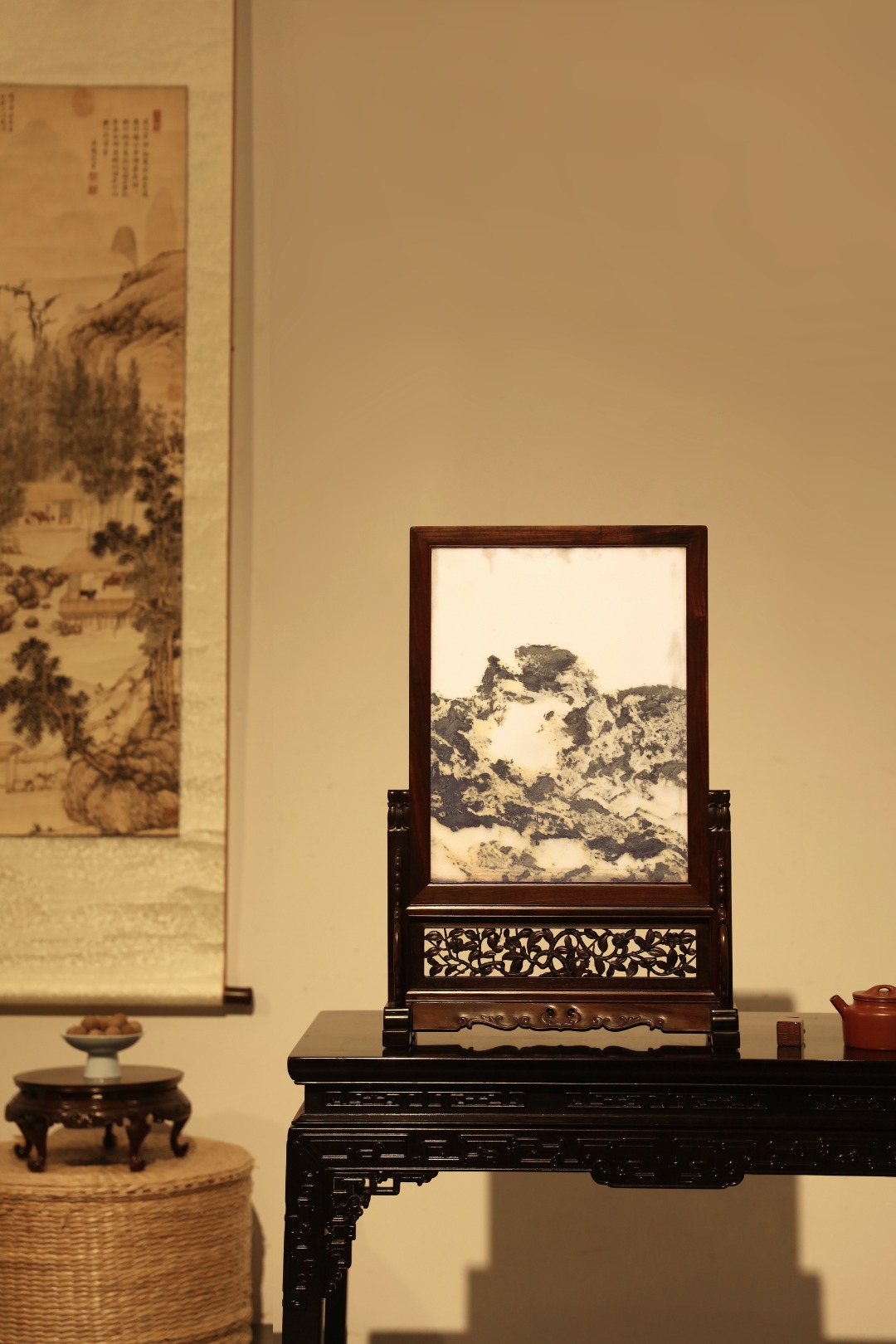 大红酸枝 | 云石插屏