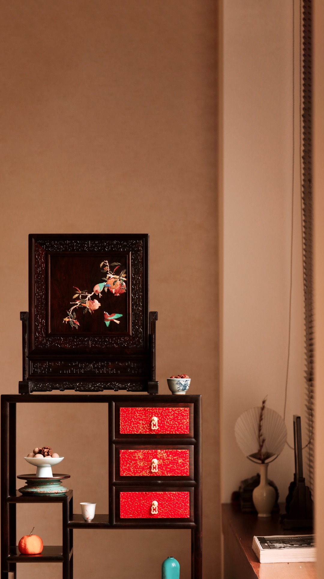 紫光檀【喜乐多福】百宝嵌插屏
