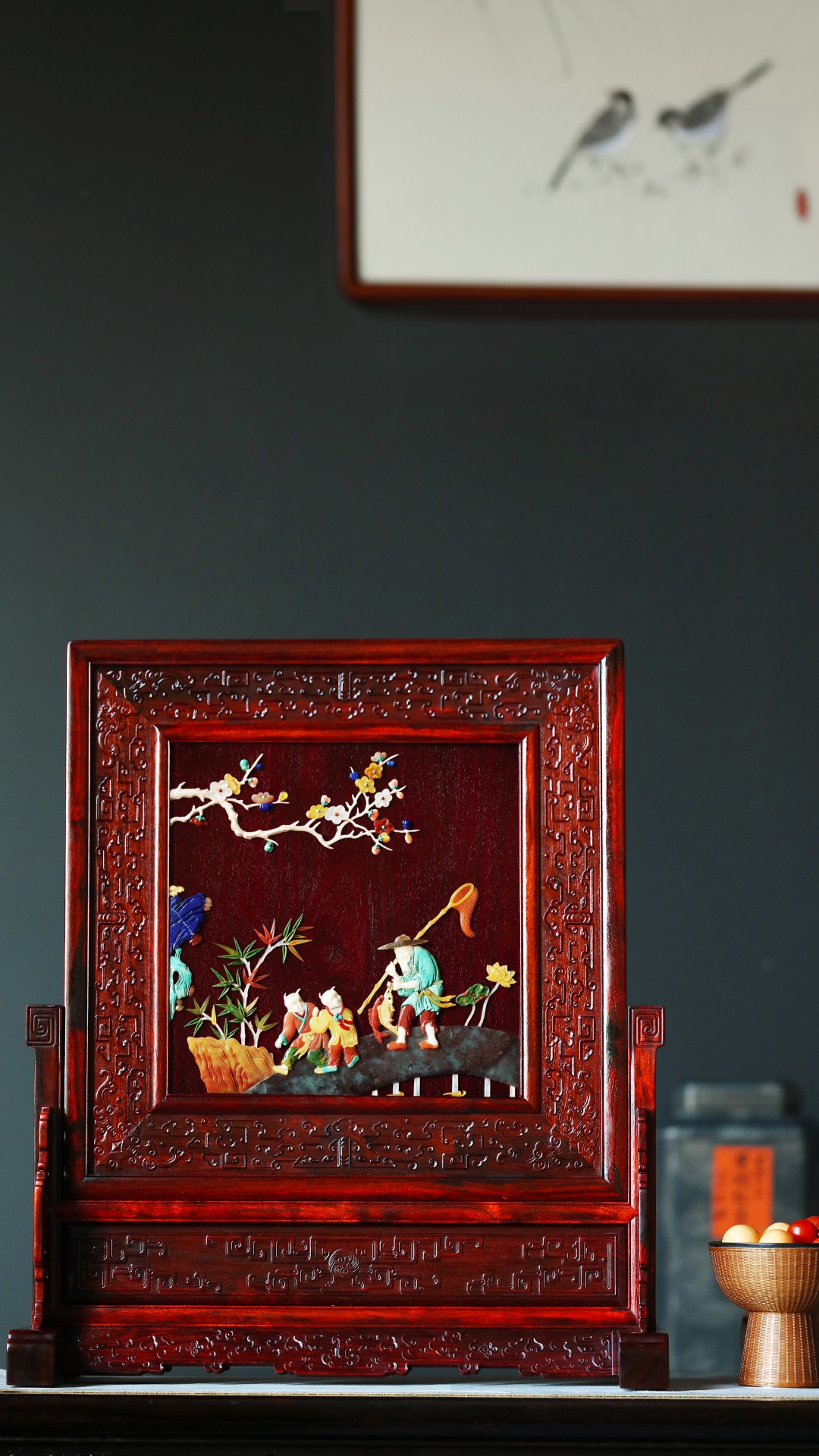 紫檀【渔翁童子】插屏
