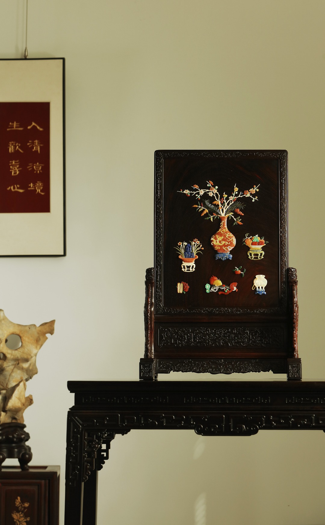 酸枝x百宝嵌【清供·博古图】插屏
