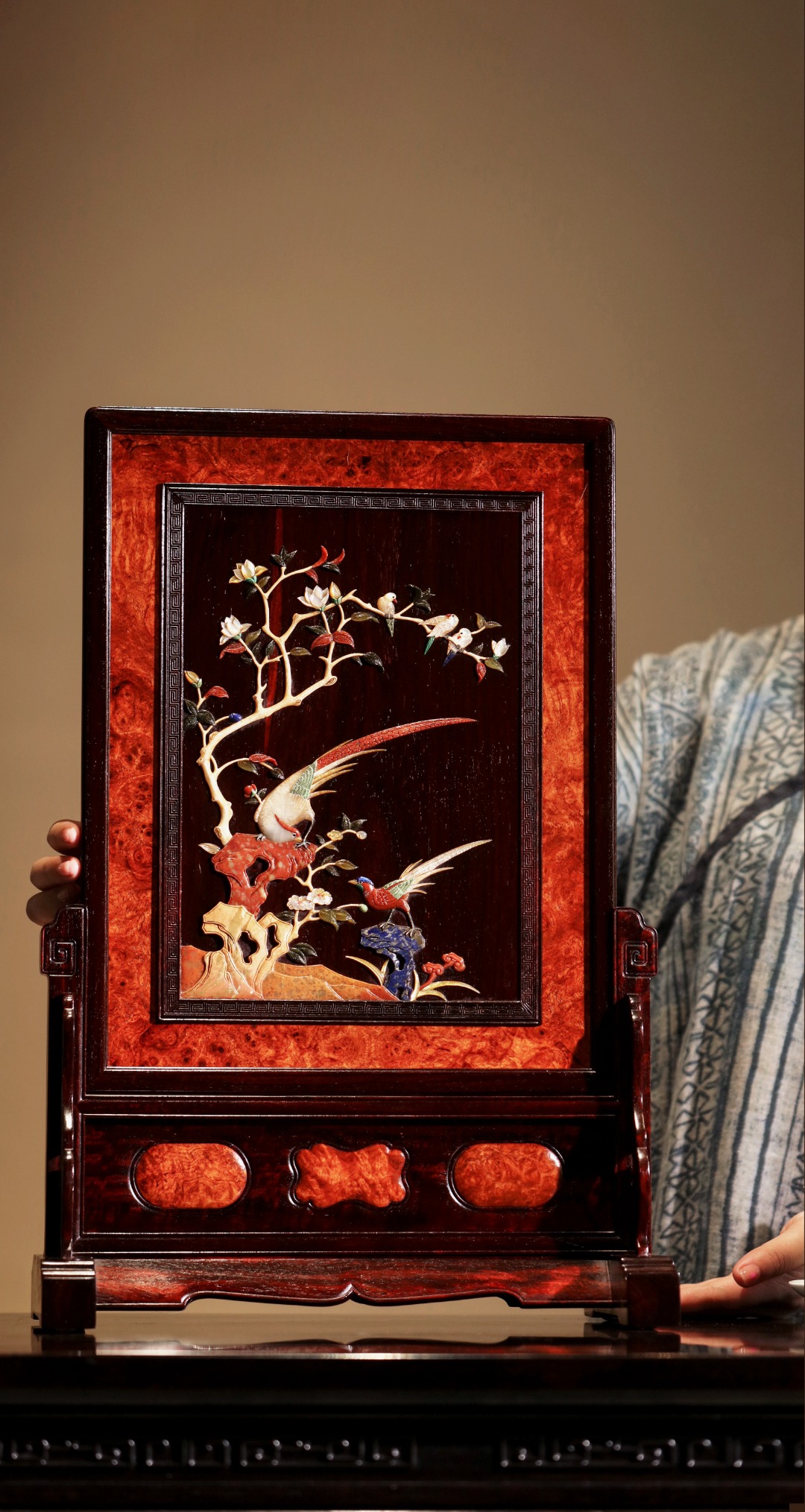 紫檀百宝嵌【富贵长寿】插屏