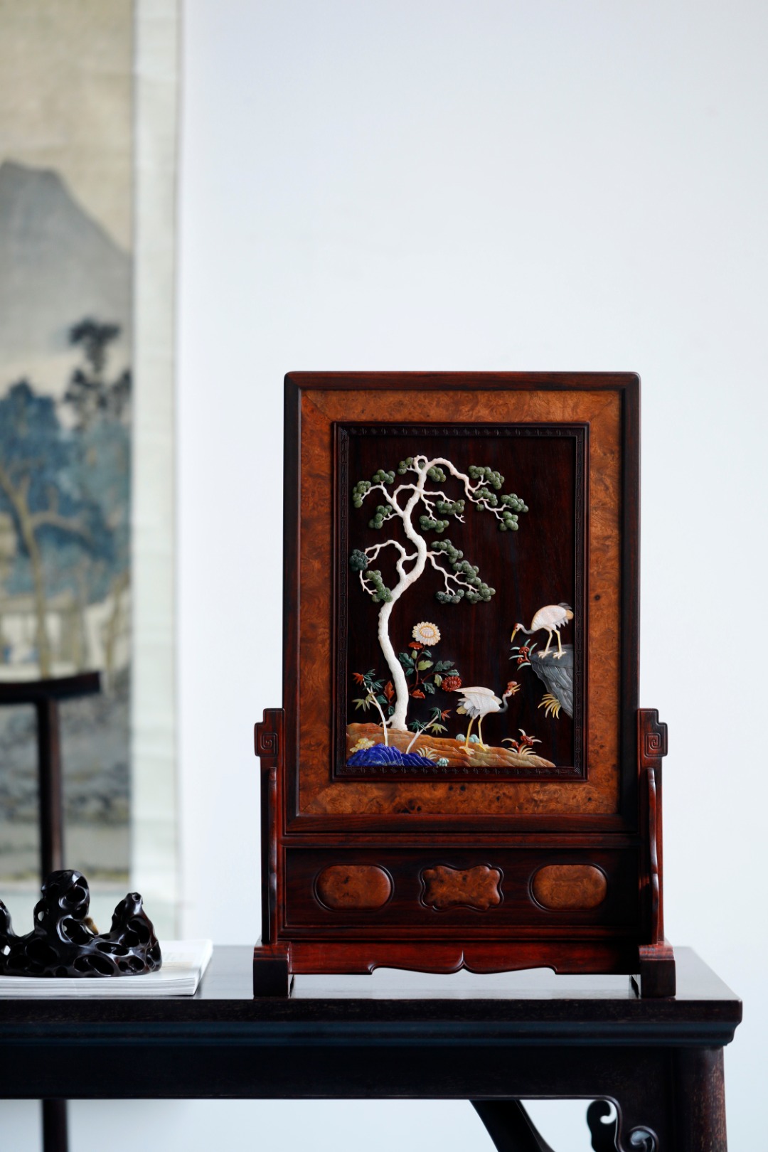 紫檀X缅花百宝嵌【松鹤延年】插屏
