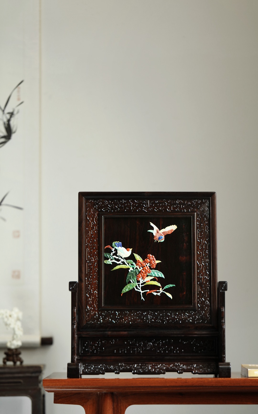 紫光檀【花开富贵】百宝嵌插屏
