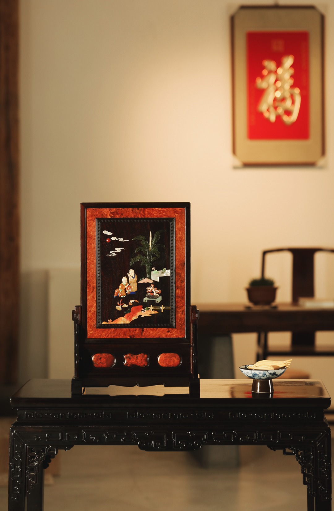 紫檀x缅花【岁朝欢庆】百宝嵌插屏
