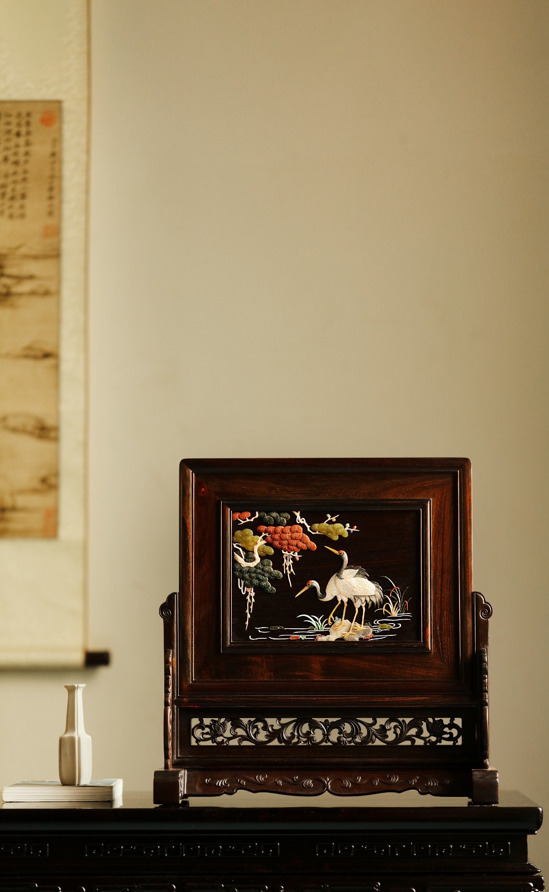 酸枝x百宝嵌 【松鹤延年】插屏
