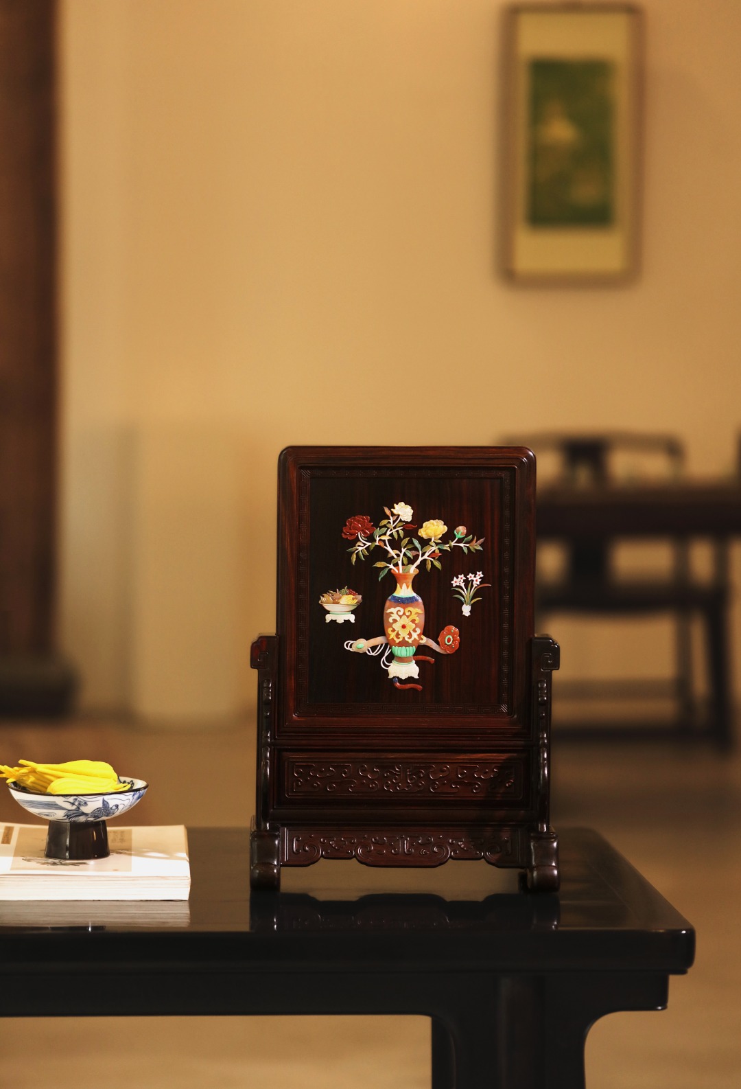 酸枝x百宝嵌【清供·博古图】插屏

