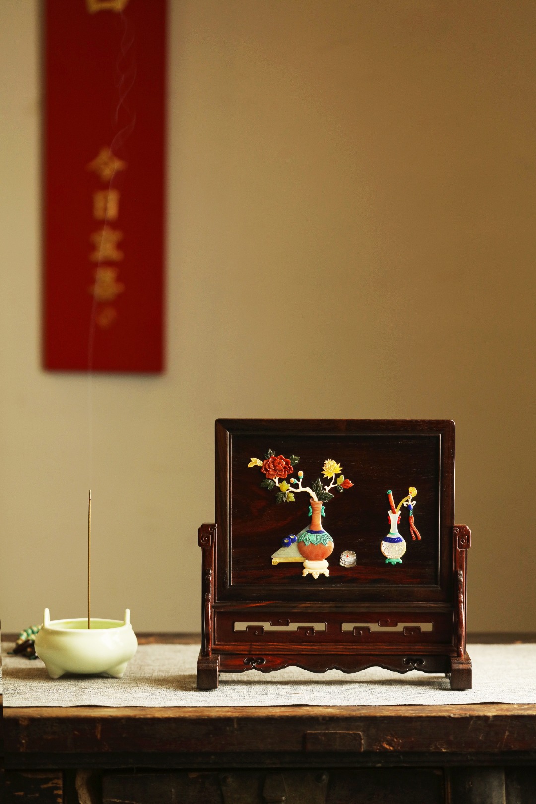 酸枝x百宝嵌【博古图】插屏
