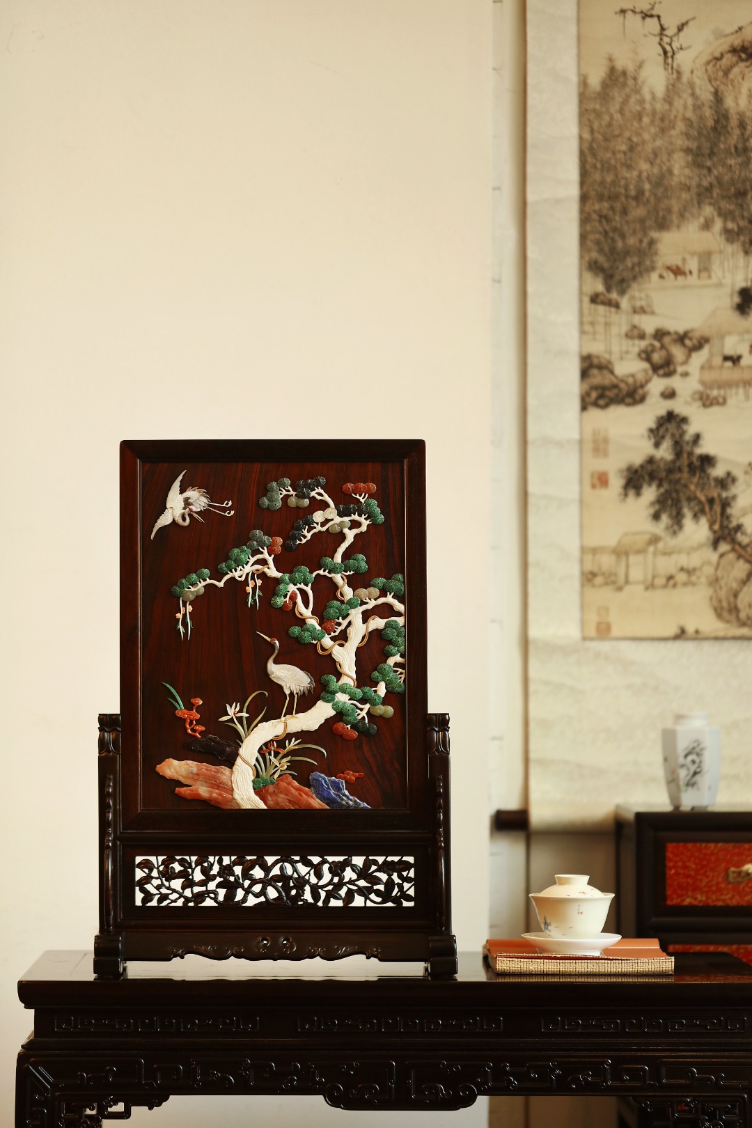 酸枝x百宝嵌【延年益寿】插屏
