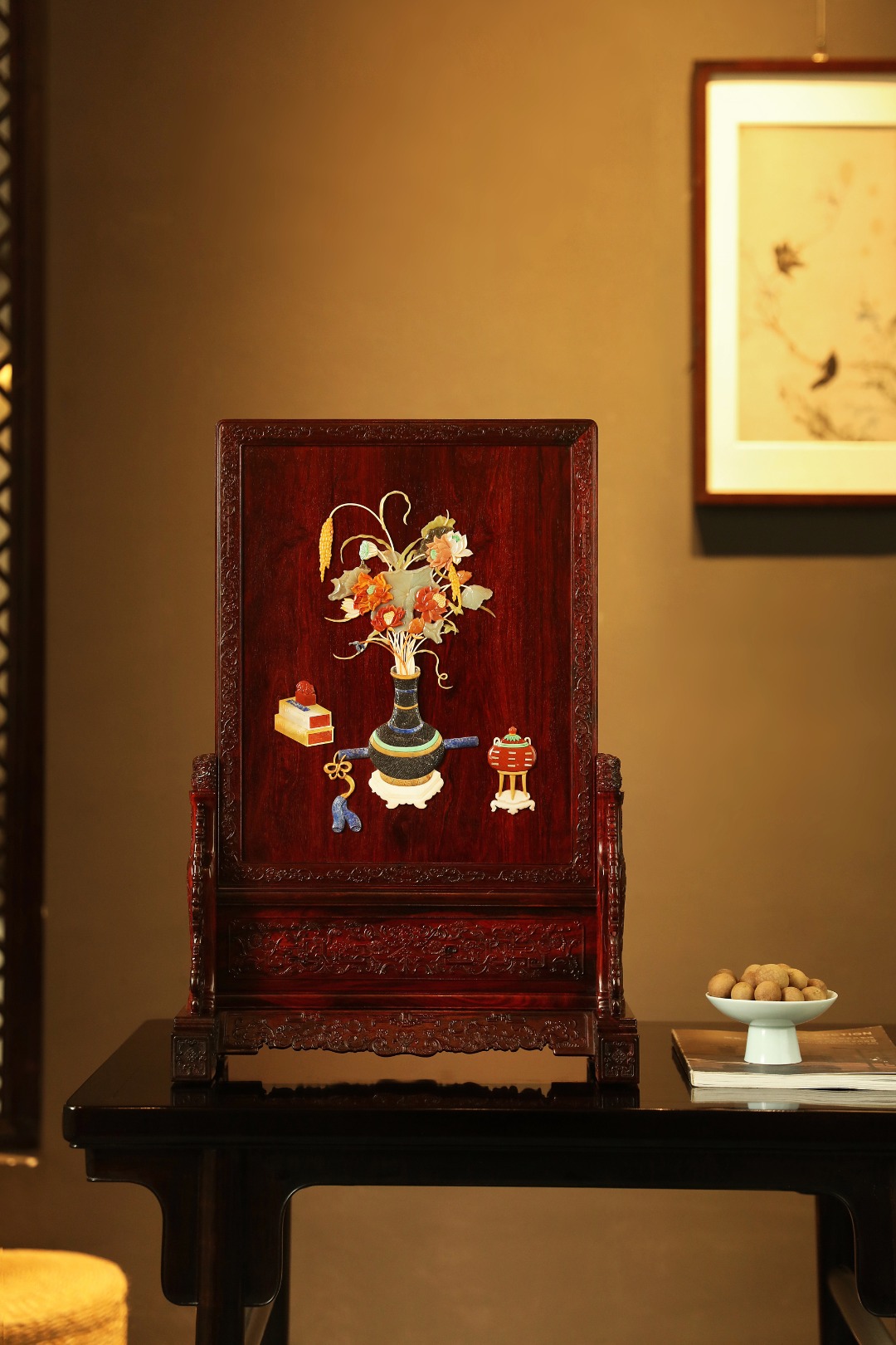 紫檀x百宝嵌【清供·博古图】插屏
