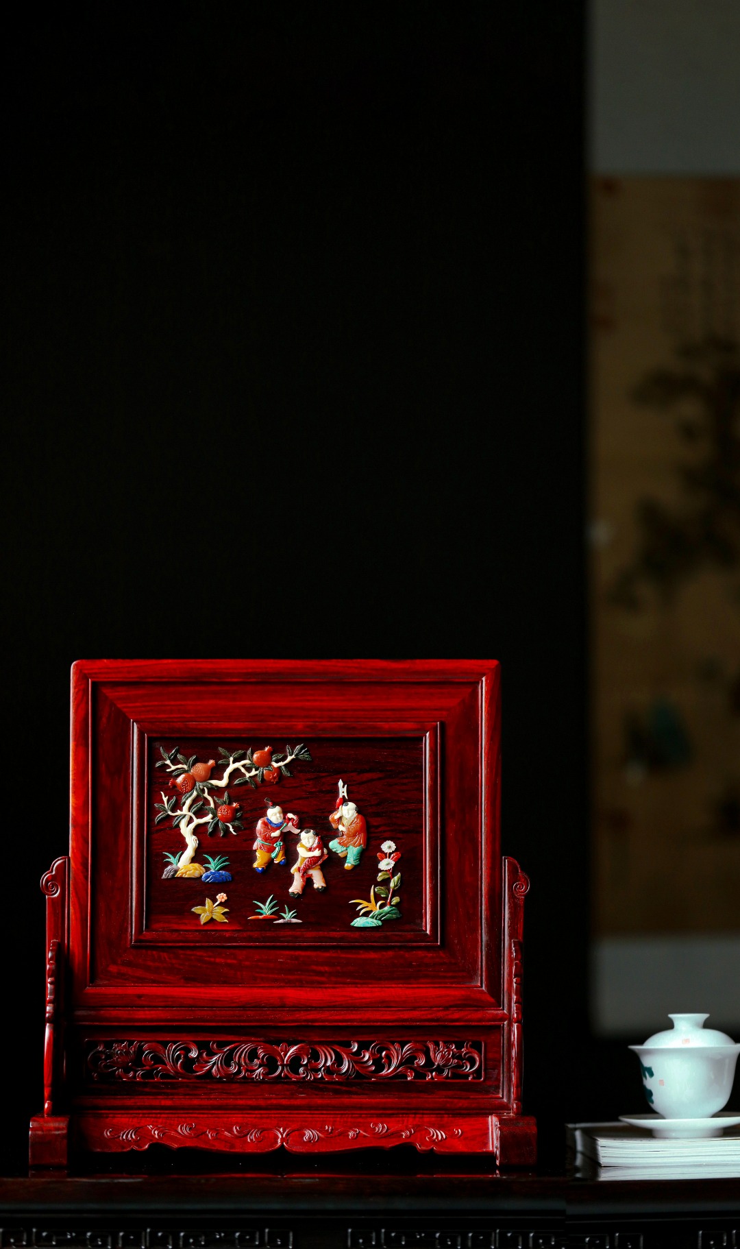 紫檀x百宝嵌『喜乐多福』插屏
