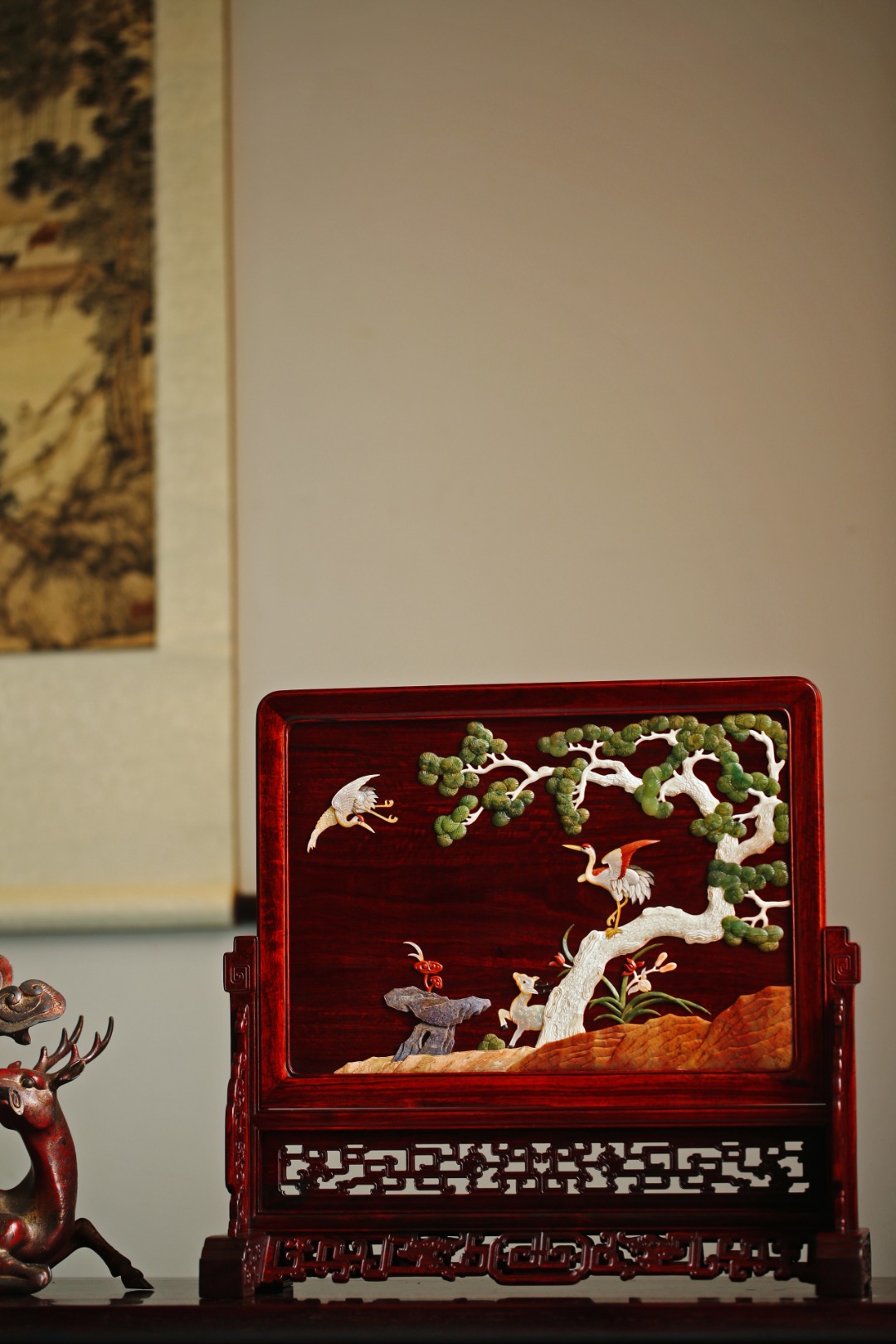 小叶紫檀X百宝嵌【鹤鹿同春】插屏
