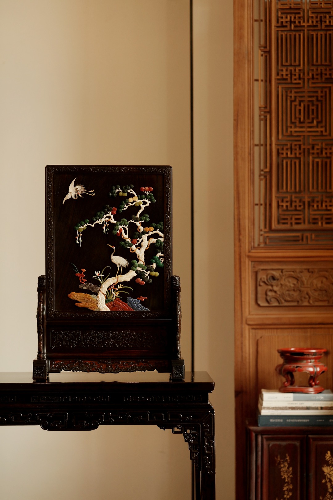 酸枝x百宝嵌【松鹤延年】插屏
