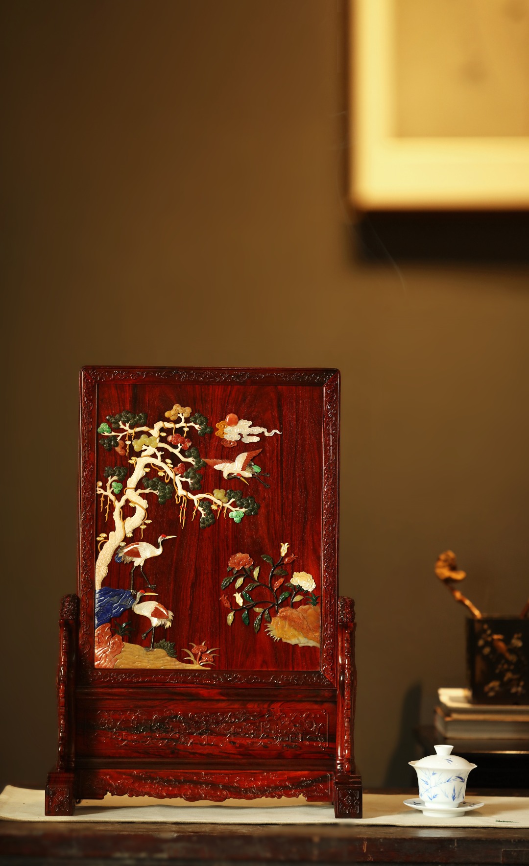 紫檀x百宝嵌【松鹤延年】插屏
