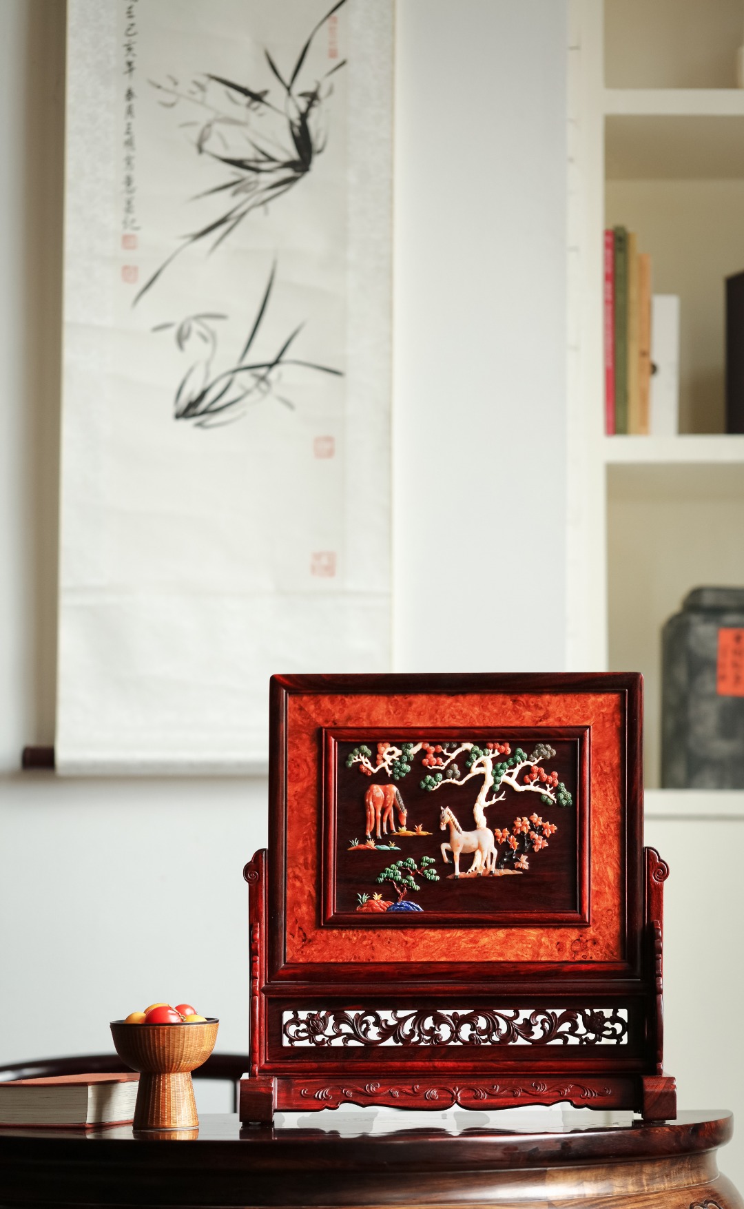 紫檀x百宝嵌【延年益寿】插屏
