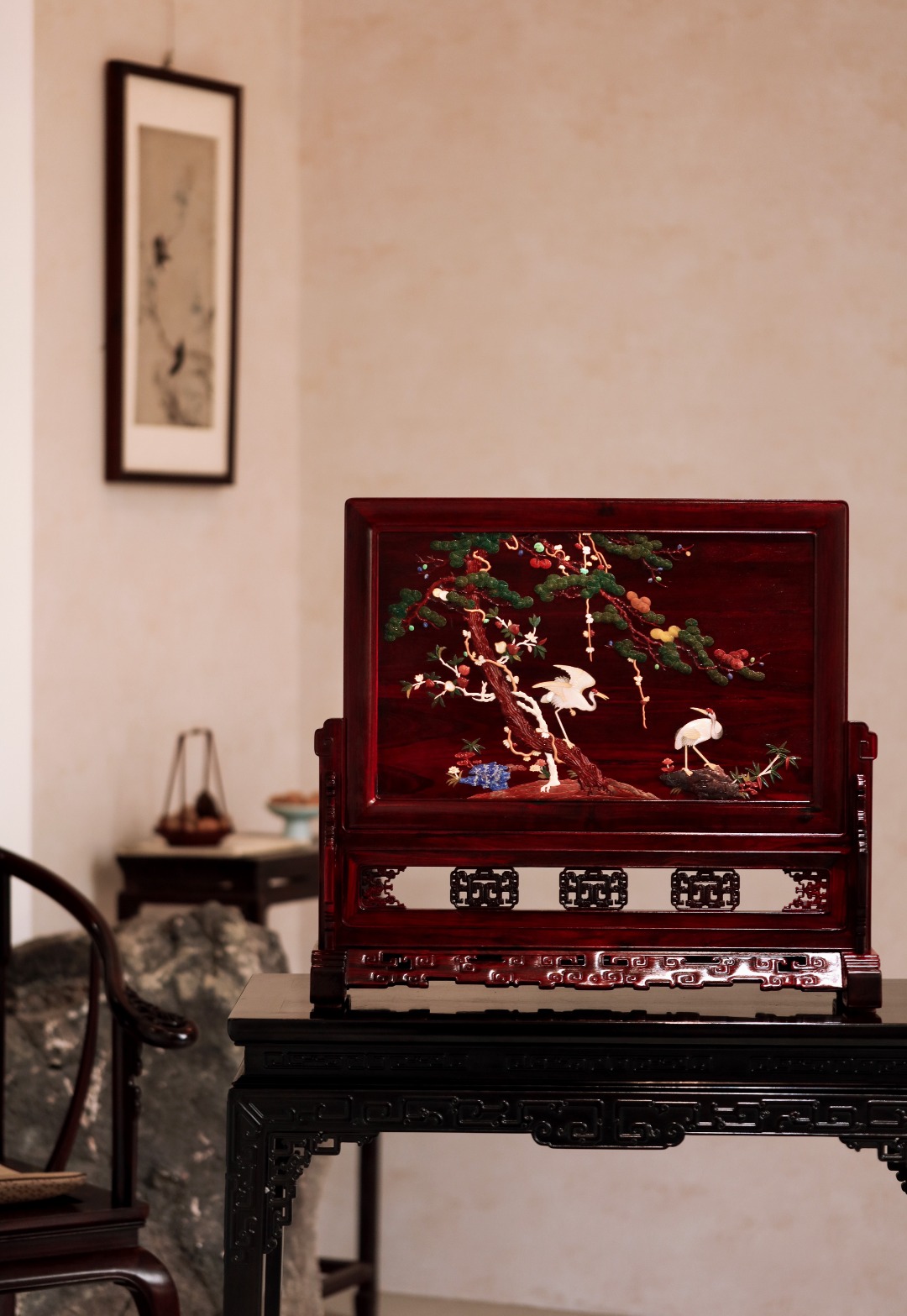 紫檀x百宝嵌【松鹤延年】大插屏
