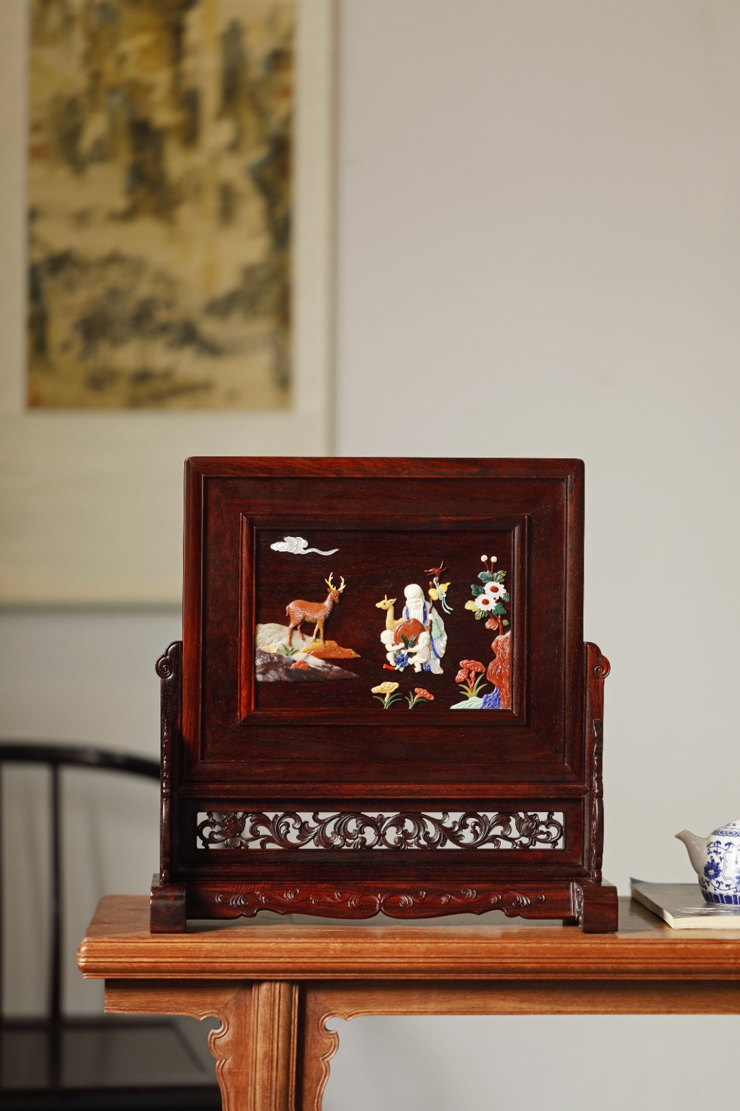 紫檀百宝嵌【童子贺寿】插屏
