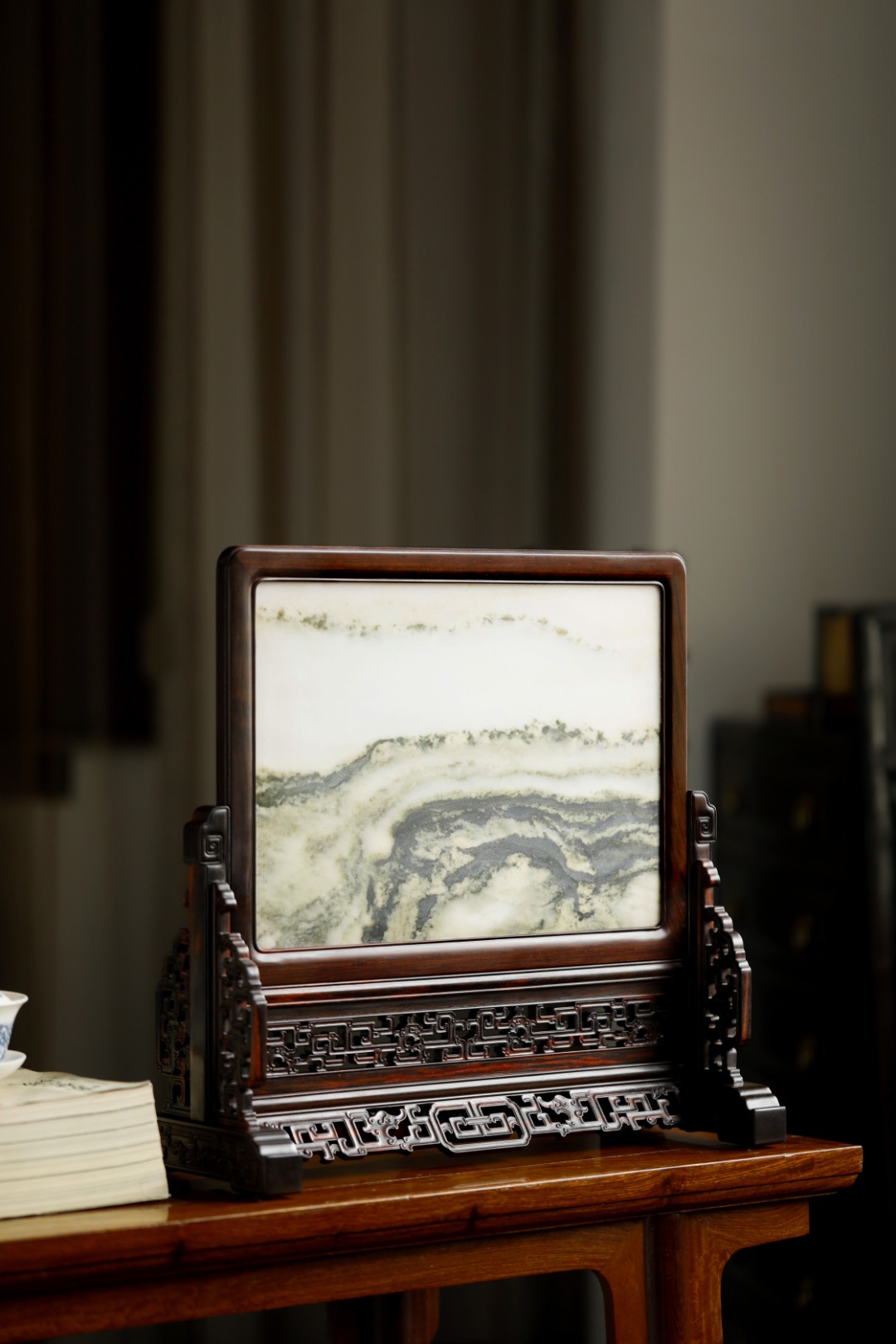 大红酸枝x云石『山云缭绕』插屏
