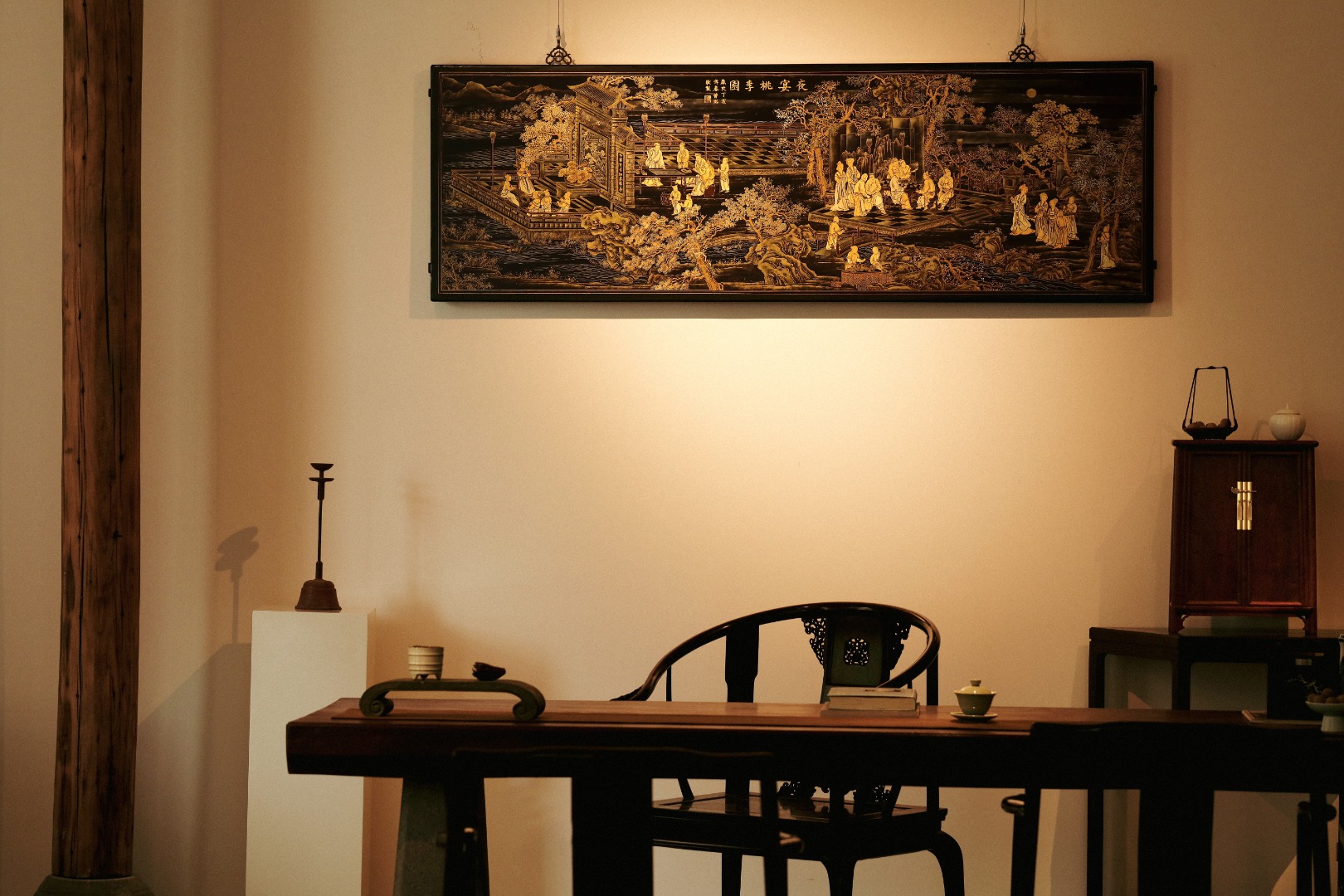 老楠木x漆画【夜宴桃李园】大挂屏
