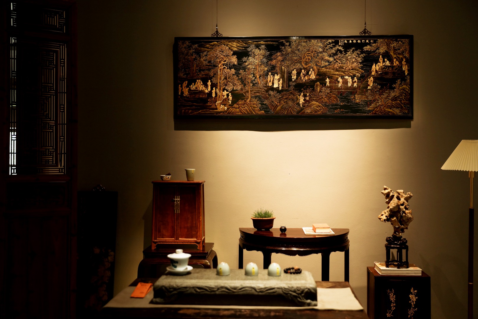老楠木x漆画【松风竹韵雅集趣】大挂屏
