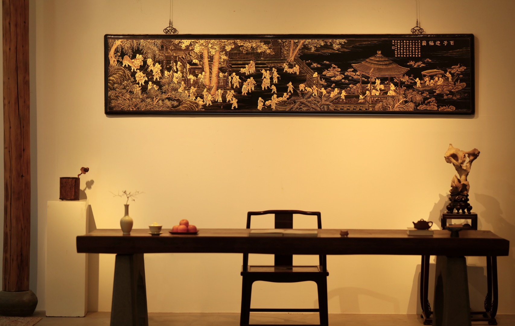老楠木x漆画【百子迎福图】超大挂屏
