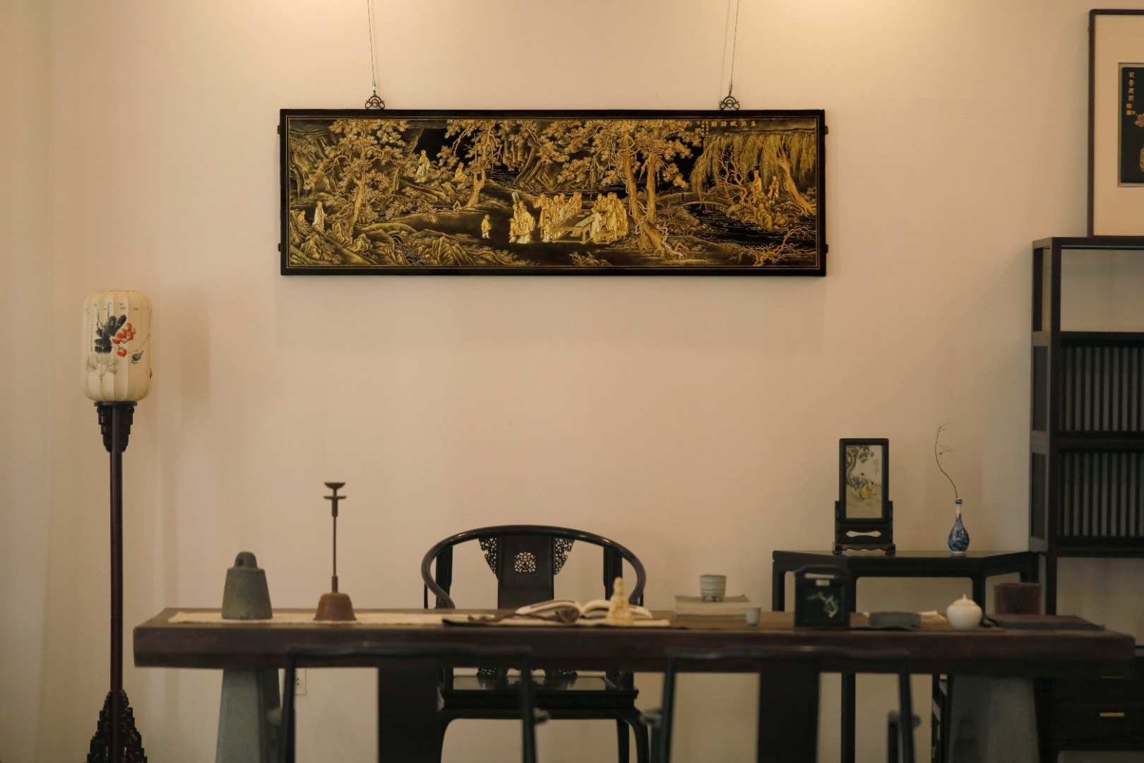 楠木x漆画【春游赋诗图】描金挂屏
