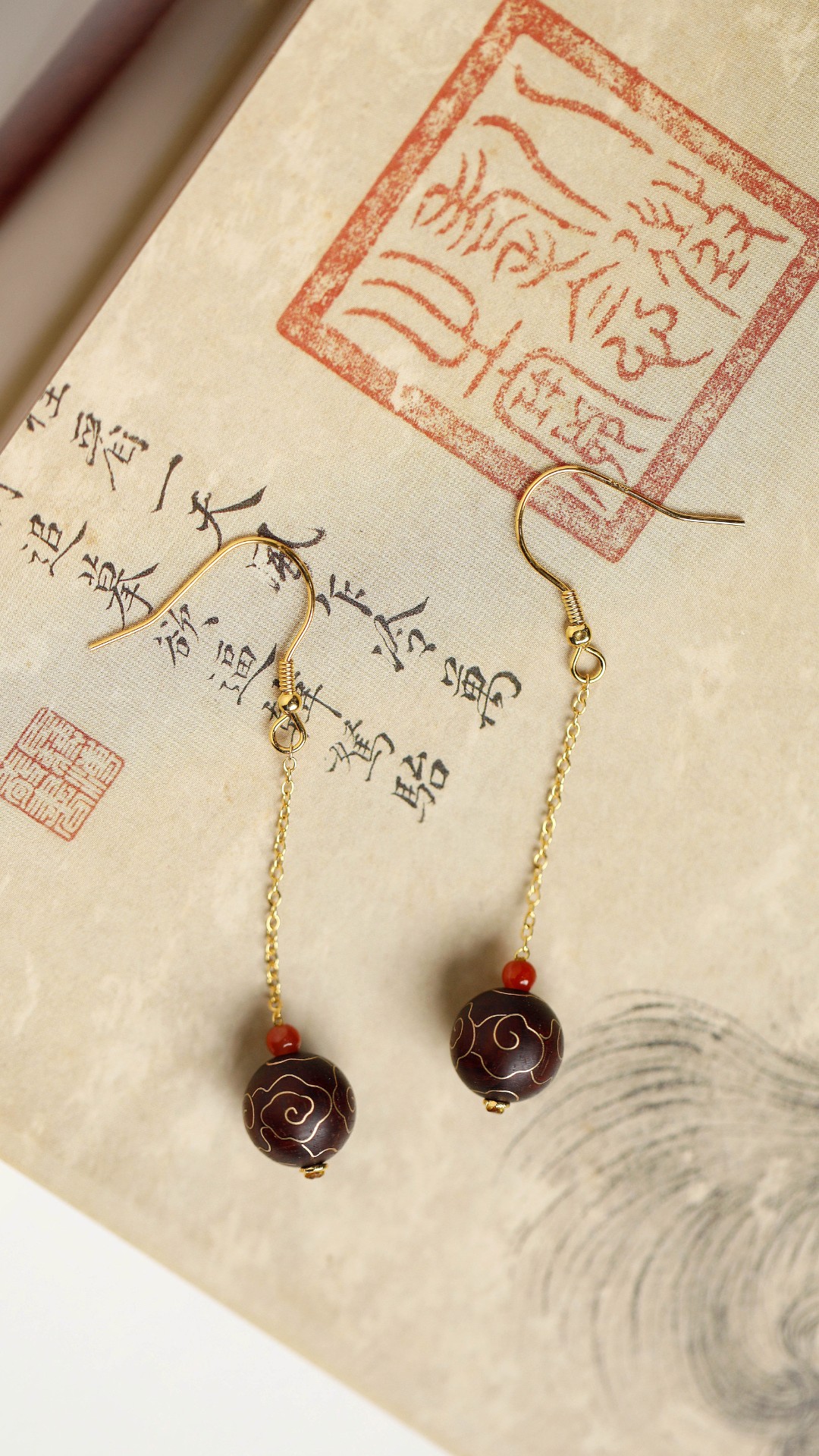 小叶紫檀嵌铜丝【绵云】耳坠 项链
