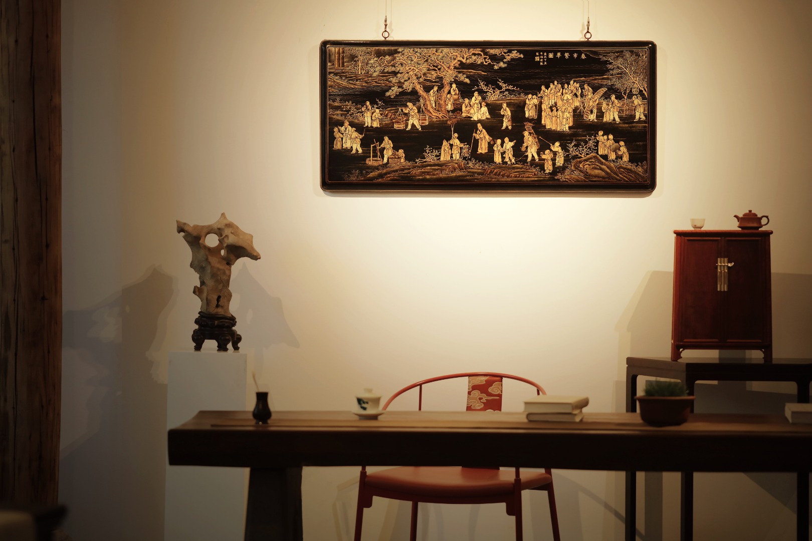 老楠木x漆画【春市繁华图】挂屏 
