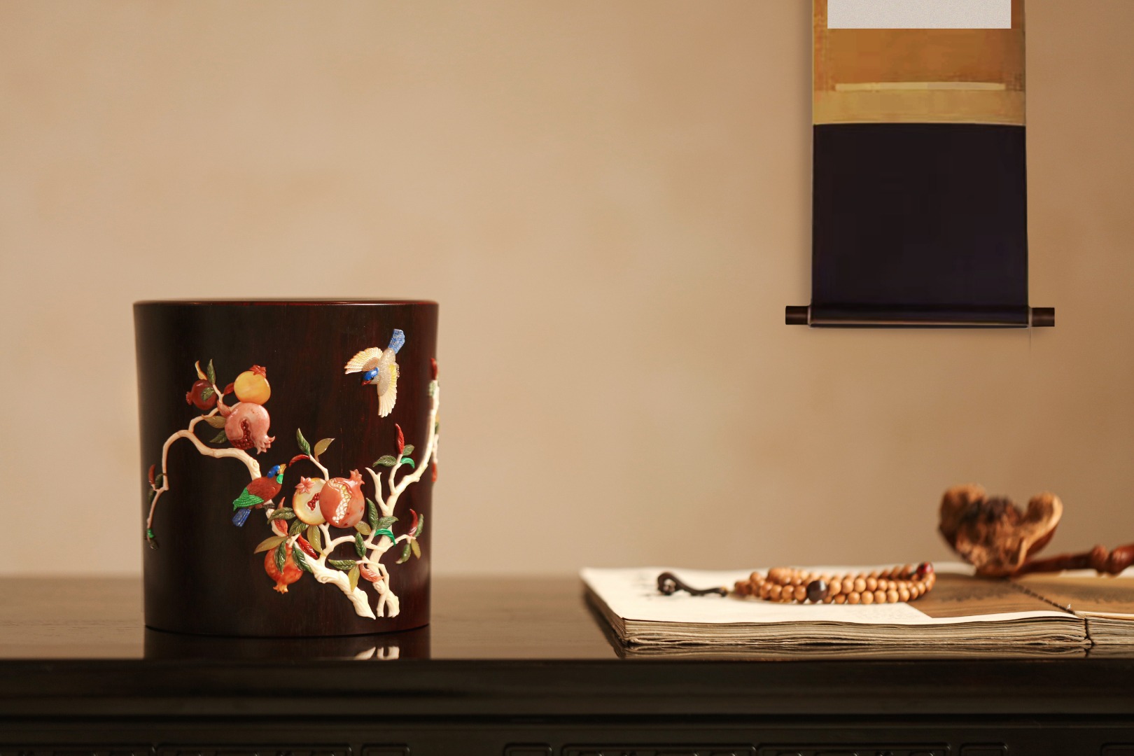 紫檀X百宝嵌【喜乐多福】笔筒
