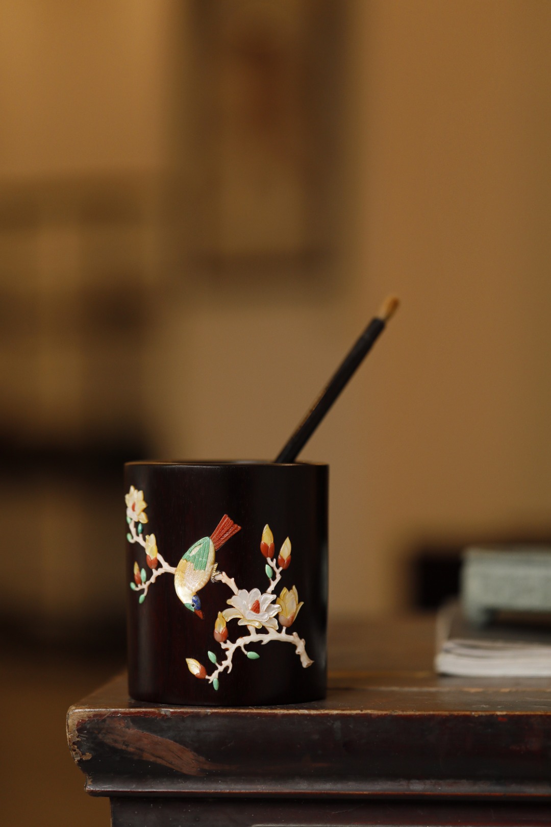 小叶紫檀【喜报春先】笔筒
