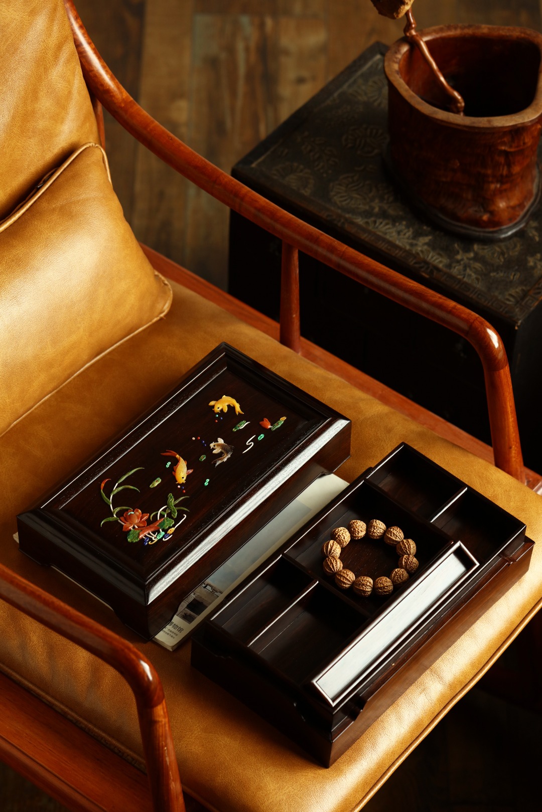 紫光檀【连年有余】机关首饰盒
