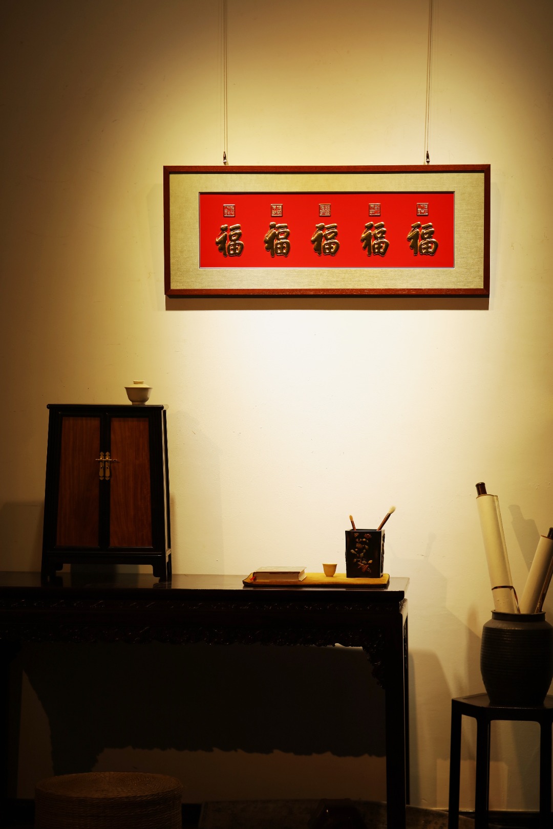 老楠木【五福临门】挂屏
