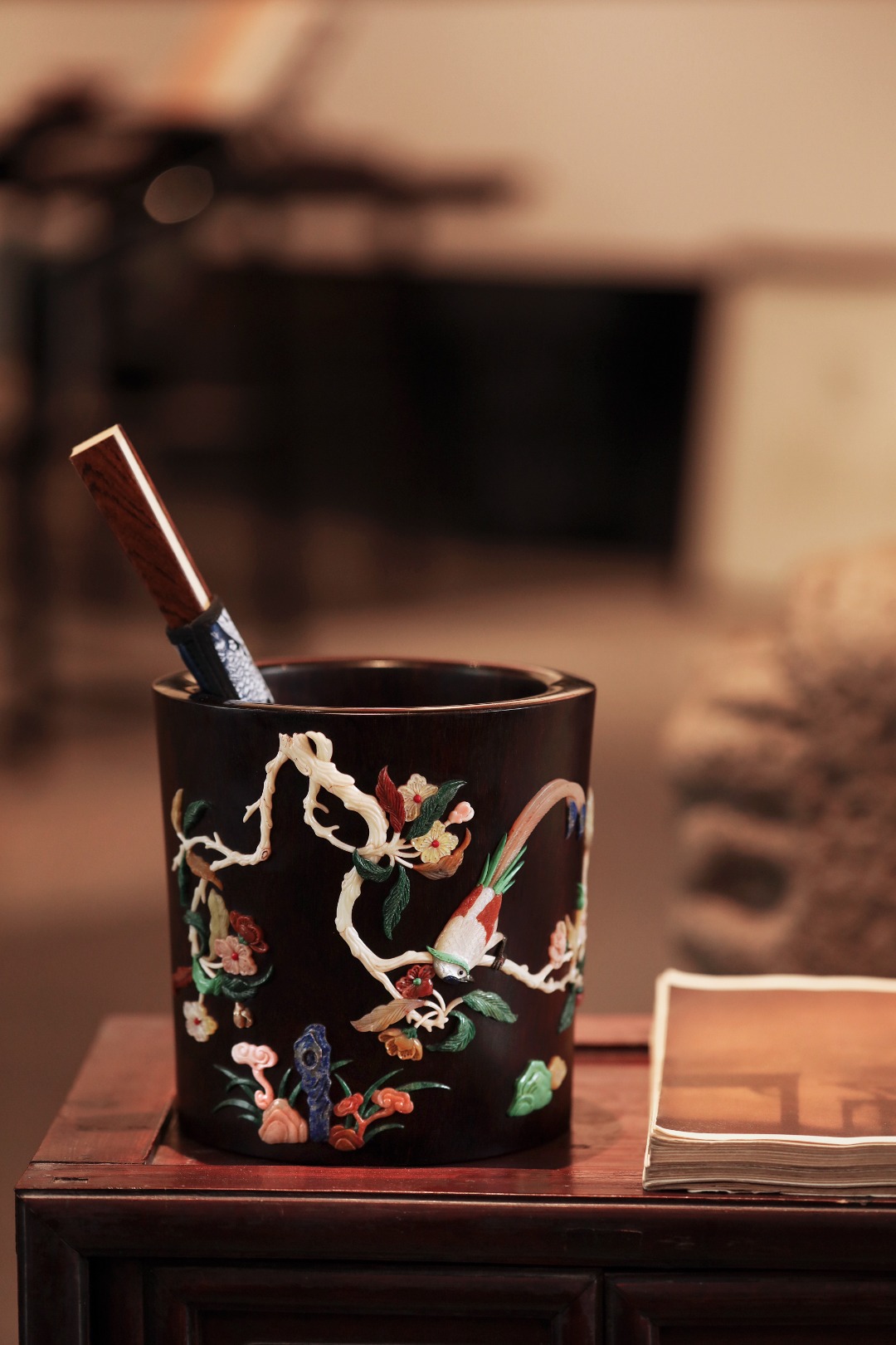 紫檀x百宝嵌 | 富贵长寿 笔筒
