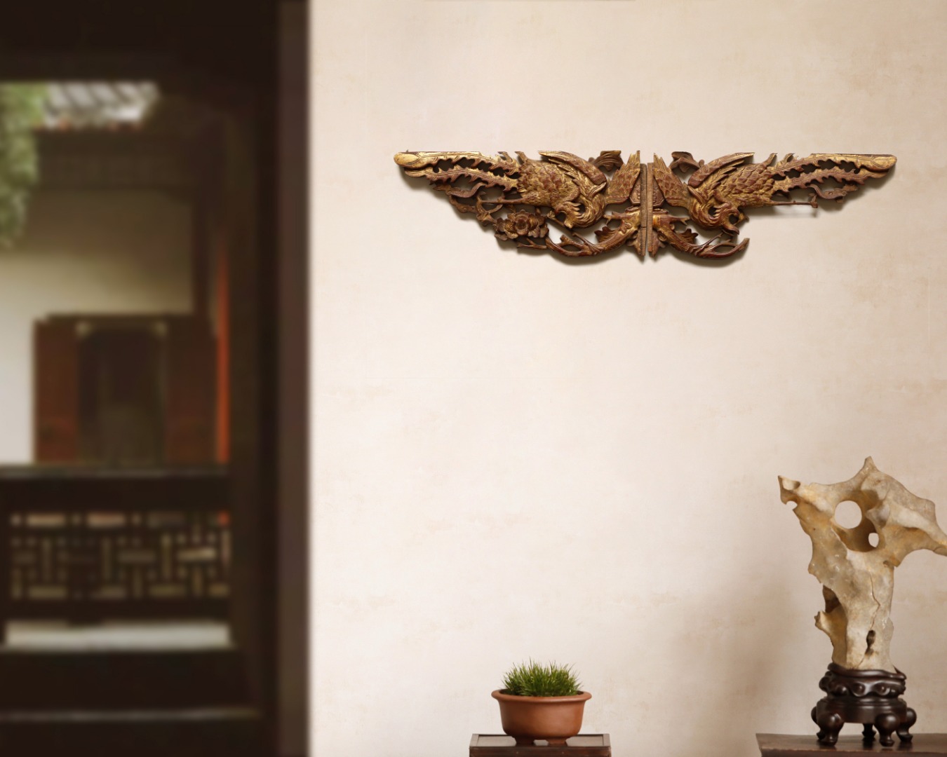 清代楠木 | 凤穿牡丹 老木雕角花
