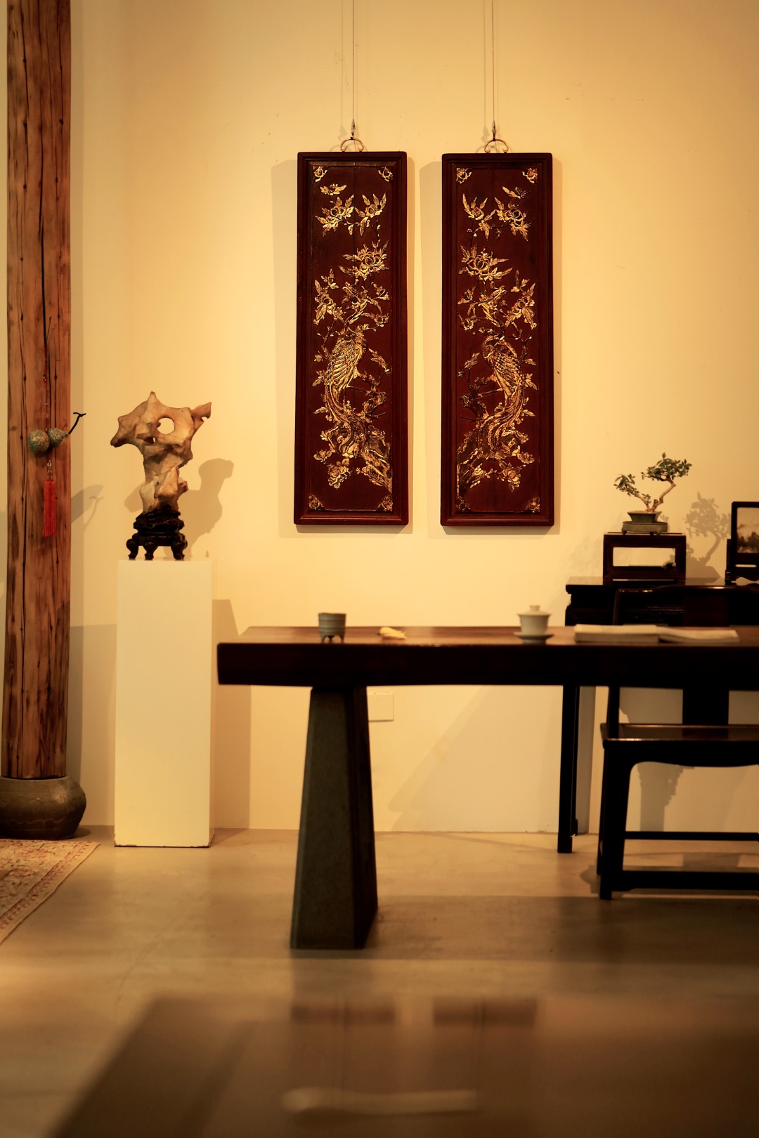 清代老花板 | 凤穿牡丹·二条屏
