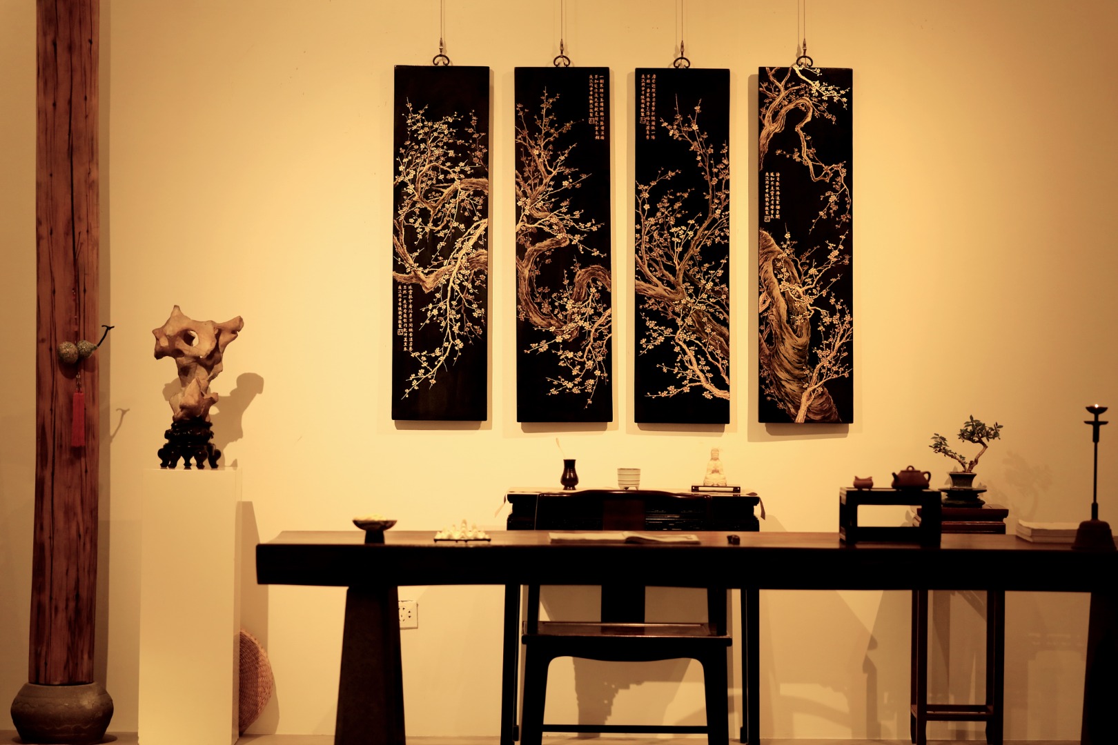 老楠木×大漆｜梅·描金四条屏
