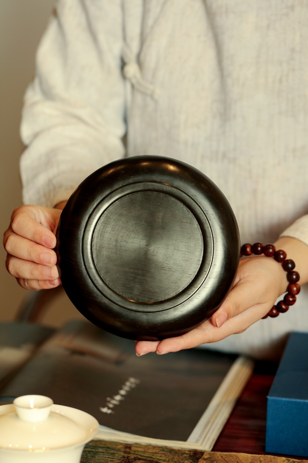 紫光檀x黄杨木|拐子如意纹·圆盘 14.8*14.8*2cm  重144g
